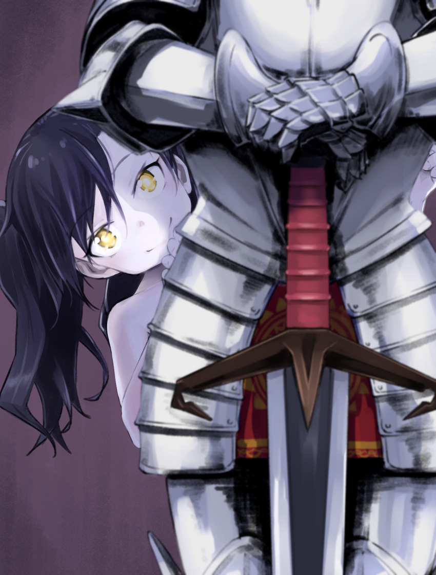 1girl armor bangs black_hair brown_background closed_mouth commentary_request eyebrows_visible_through_hair full_armor gauntlets hair_between_eyes hands_on_hilt highres long_hair looking_at_viewer momo_(higanbana_and_girl) nude original pale_skin peeking_out simple_background smile solo sword twintails weapon yellow_eyes