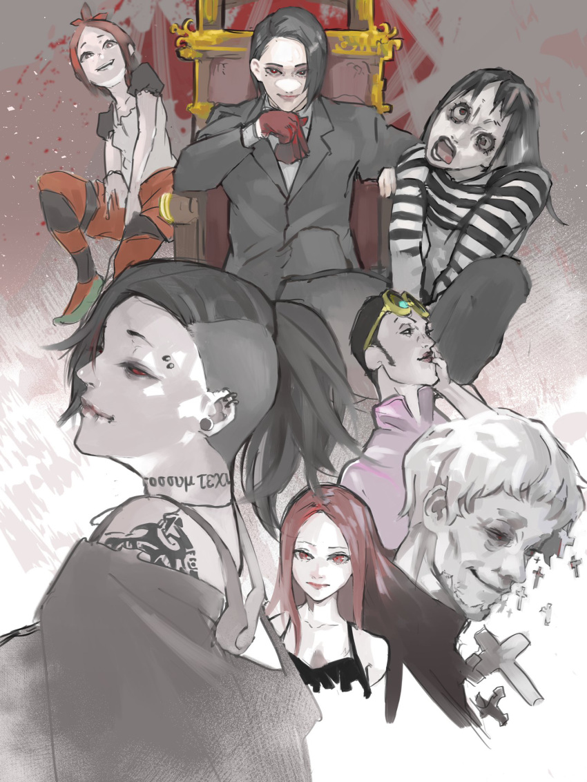 2girls 5boys bangs beard chair commentary_request cross donato_porpora facial_hair furuta_nimura gloves gradient gradient_background grey_background highres hoito_roma itori_(tokyo_ghoul) long_hair looking_at_viewer multiple_boys multiple_girls neck_tattoo nico_(tokyo_ghoul) open_mouth pants parted_bangs ponytail red_gloves red_pants redhead shikorae_(tokyo_ghoul) shirt short_hair shoulder_tattoo sitting smile stfr_(stfr_kaz) striped striped_shirt tattoo teeth tokyo_ghoul tongue tongue_out uta_(tokyo_ghoul) white_background