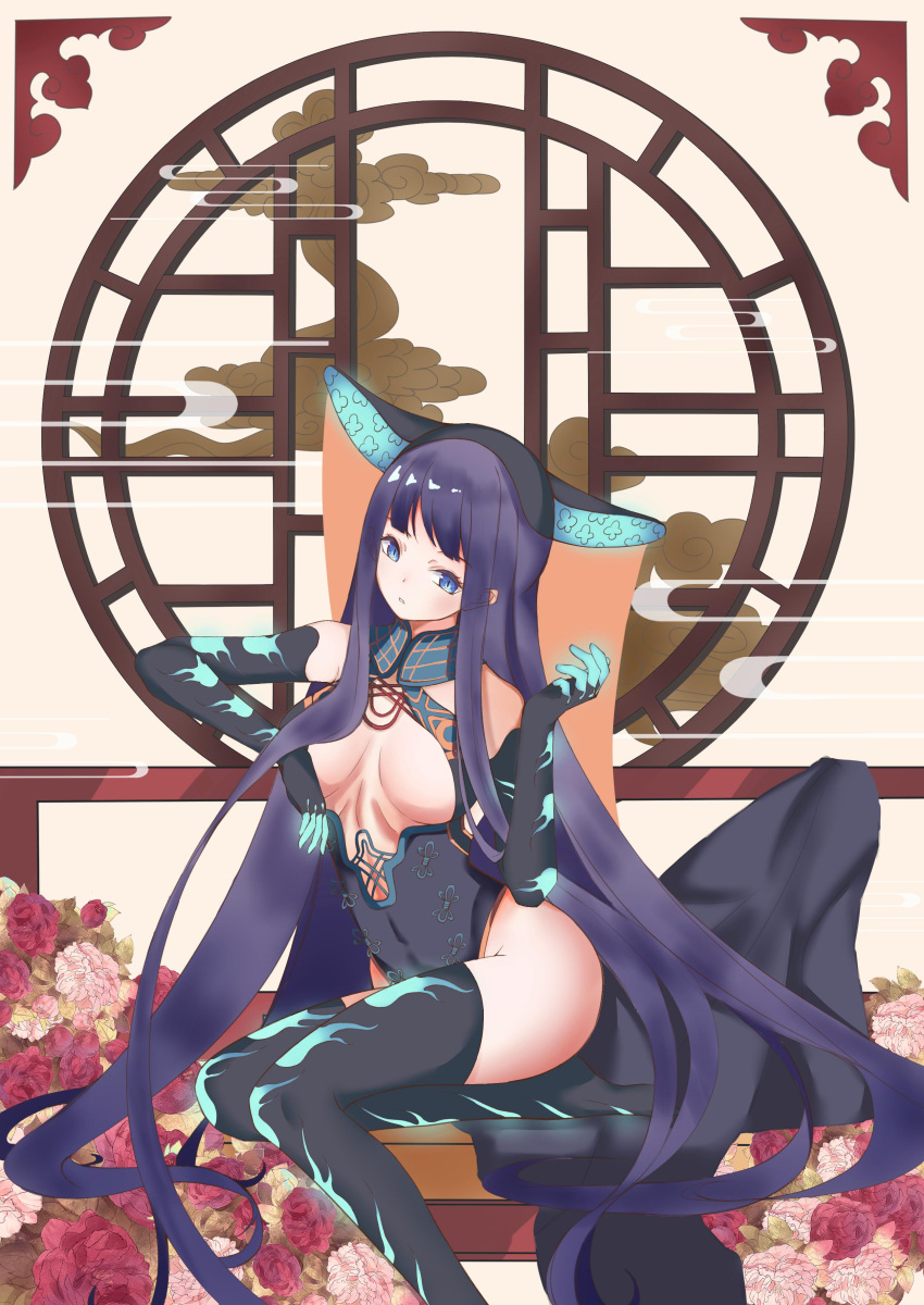 1girl absurdres artist_request bangs bare_shoulders black_dress black_gloves black_headwear black_legwear blue_eyes blunt_bangs blush breasts center_opening dress elbow_gloves fate/grand_order fate_(series) flower gloves highres large_breasts long_hair looking_at_viewer medium_breasts open_mouth purple_hair sitting solo thigh-highs thighs very_long_hair yang_guifei_(fate/grand_order)