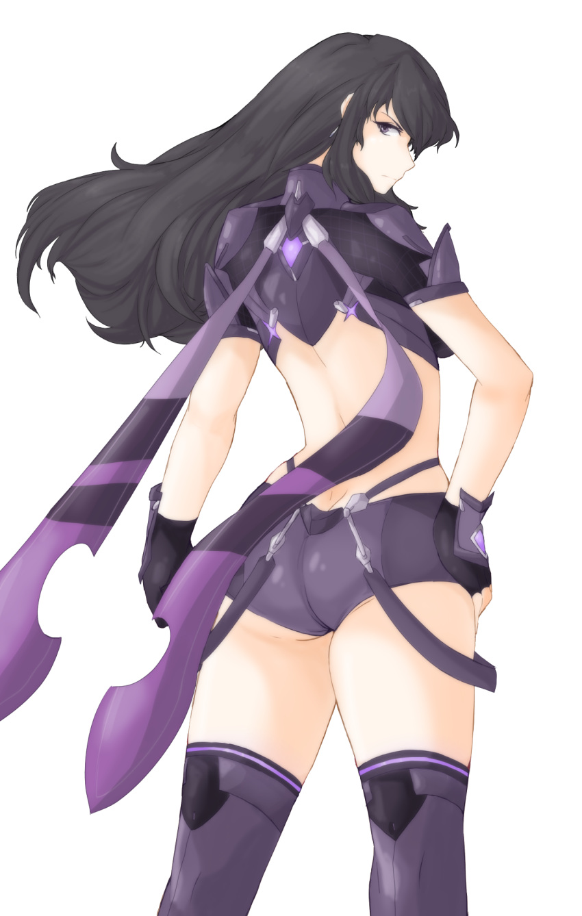 1girl ass ayra_(fire_emblem) back backless_outfit black_hair breasts butt_crack closed_mouth curvy facing_back fingerless_gloves fire_emblem fire_emblem:_genealogy_of_the_holy_war fire_emblem_heroes frown gloves hair_between_eyes hand_on_hip highres large_breasts long_hair looking_at_viewer looking_back short_shorts shorts solo strap suspenders suspenders_hanging thick_thighs thigh-highs thighs transparent_background tridisart violet_eyes wide_hips xenoblade_(series) xenoblade_2