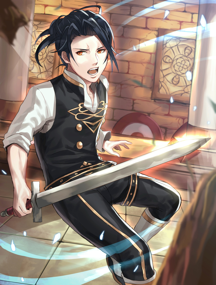 1boy absurdres black_hair felix_hugo_fraldarius fire_emblem fire_emblem:_three_houses garreg_mach_monastery_uniform highres open_mouth orange_eyes ponytail shiyo_(jkke5275) solo sparkle sword teeth weapon