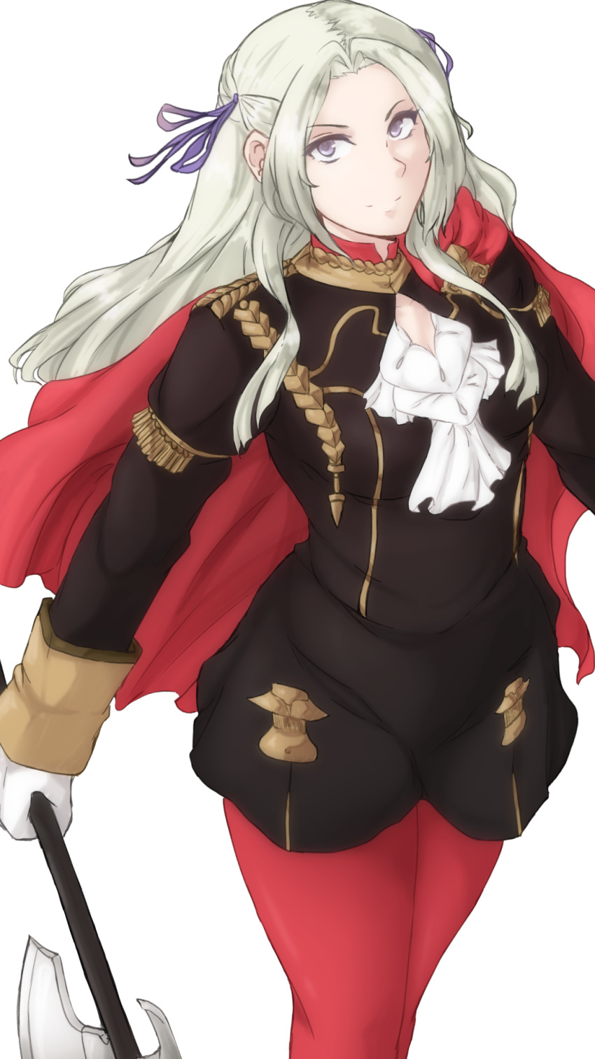 1girl axe bangs cape closed_mouth coat curvy edelgard_von_hresvelg fire_emblem fire_emblem:_three_houses fire_emblem:_three_houses fire_emblem_16 fire_emblem_heroes gloves highres intelligent_systems leggings long_hair long_sleeves looking_at_viewer looking_up nintendo parted_bangs red_cape ribbon silver_hair smile solo super_smash_bros. tassel thighs transparent_background tridisart violet_eyes walking weapon white_hair