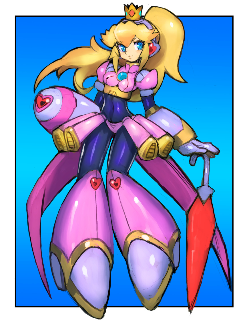 1girl absurdres android arm_cannon blonde_hair blue_background blue_eyes blush breasts crown dakusuta full_body heart high_heels high_ponytail highres long_hair super_mario_bros. princess_peach rockman rockman_x simple_background smile solo super_mario_bros. weapon