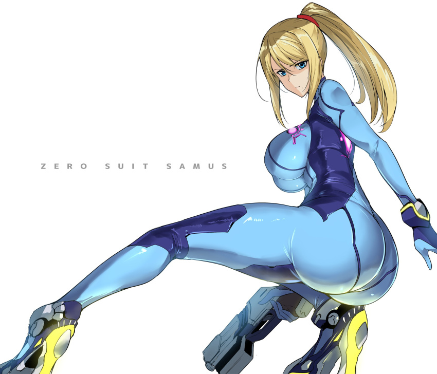 1girl ass bangs blonde_hair blue_bodysuit blue_eyes bodysuit breasts character_name closed_mouth hair_ornament hair_scrunchie harukon_(halcon) high_heels highres large_breasts legs long_hair looking_at_viewer metroid paralyzer ponytail samus_aran scrunchie sidelocks simple_background skin_tight solo super_smash_bros. swept_bangs white_background zero_suit