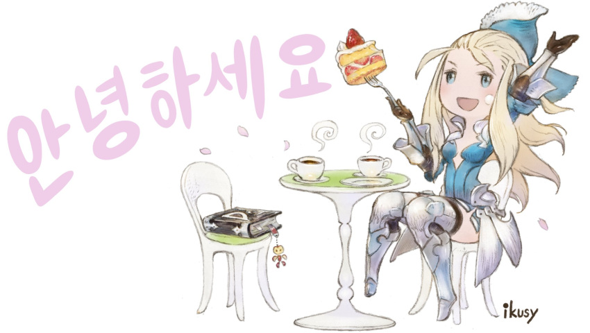 1girl :d arm_guards arm_up armor armored_boots blonde_hair blue_eyes book boots bow bravely_default_(series) bravely_second:_end_layer cake chair coffee cup dress eating edea_lee faulds food fork fruit greaves hair_bow hair_ornament highres ikusy korean_text long_hair mug official_art open_mouth petals round_table short_dress sidelocks sitting smile square_enix strawberry table