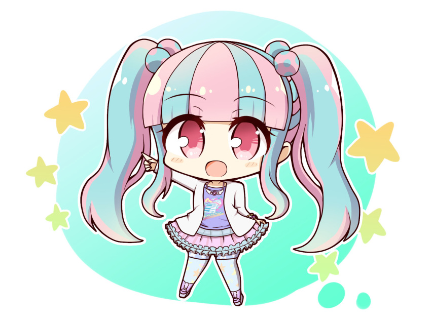 1girl :d bang_dream! bangs blue_hair blue_legwear blunt_bangs blush_stickers chibi circle clothes_writing commentary_request eyebrows_visible_through_hair frilled_skirt frills full_body green_background hair_bobbles hair_ornament hasewox highres jacket jewelry long_hair looking_at_viewer multicolored_hair necklace open_clothes open_jacket open_mouth pale_color pantyhose pareo_(bang_dream!) pink_hair pink_skirt platform_footwear pointing purple_footwear purple_shirt red_eyes shirt sidelocks skirt skirt_hold smile solo star star_print starry_background twintails two-tone_hair white_background white_jacket wristband