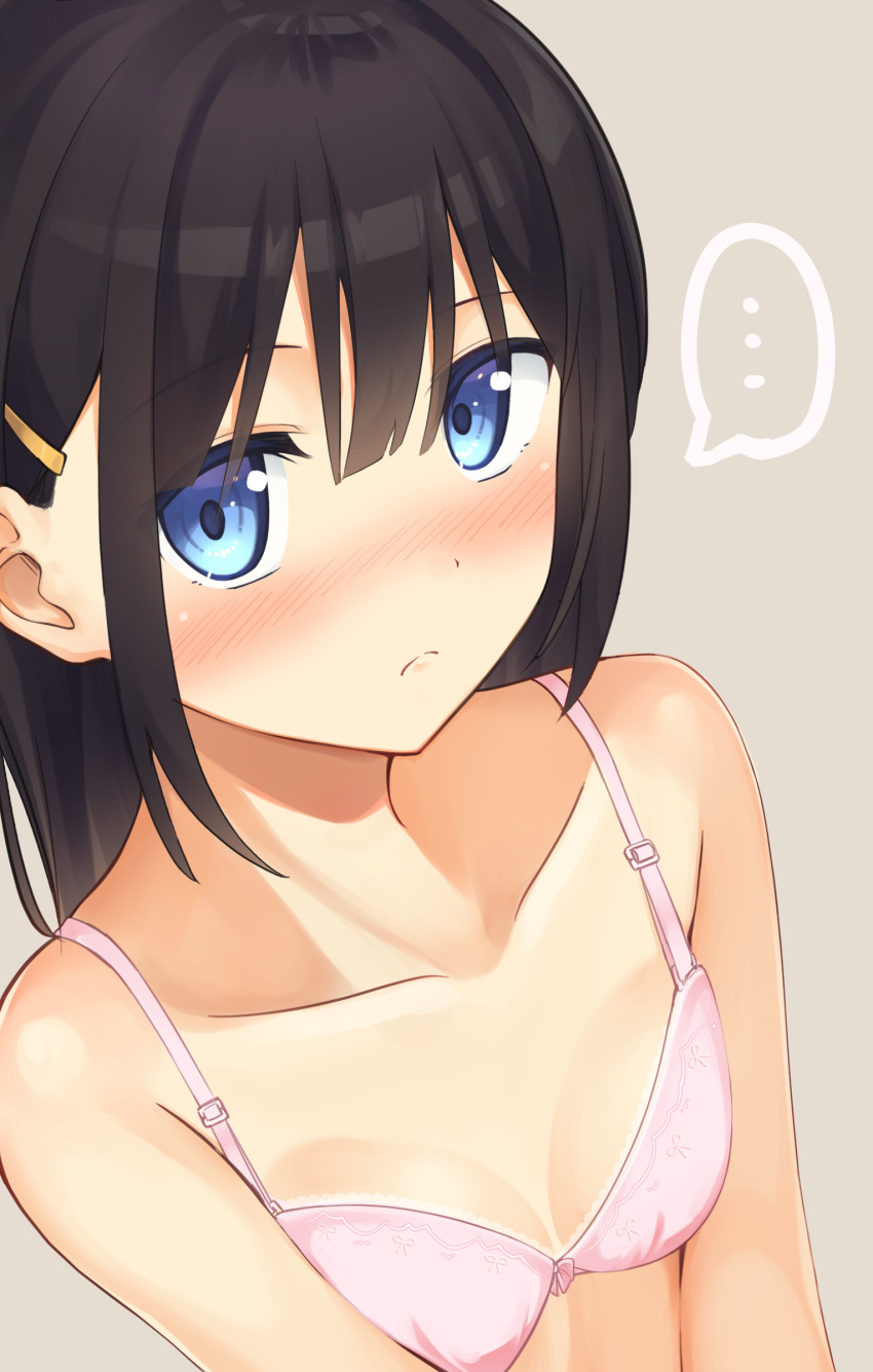 ... 1girl absurdres apollo_(hu_maple) bangs bare_shoulders black_hair blue_eyes blush bow bow_bra bra breasts closed_mouth collarbone commentary_request eyebrows_visible_through_hair grey_background hair_between_eyes hair_ornament hairclip highres light_frown looking_at_viewer nose_blush original pink_bra simple_background small_breasts solo spoken_ellipsis underwear underwear_only upper_body