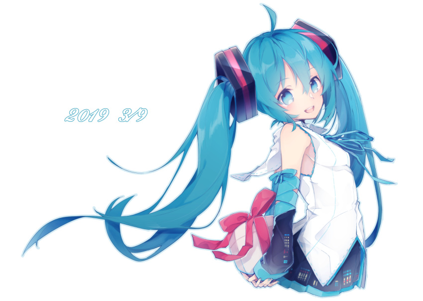 1girl 39 2019 :d ahoge arm_ribbon arms_behind_back bare_shoulders black_skirt blue_eyes blue_hair blue_ribbon box breasts chuuko_anpu detached_sleeves eyebrows_visible_through_hair fingernails floating_hair gift gift_box hair_between_eyes hatsune_miku head_tilt highres holding holding_box long_hair looking_at_viewer looking_back open_mouth own_hands_together pink_ribbon pleated_skirt ribbon shirt sideboob sidelocks simple_background skirt sleeveless sleeveless_shirt small_breasts smile solo teeth twintails upper_body upper_teeth very_long_hair vocaloid white_background white_shirt