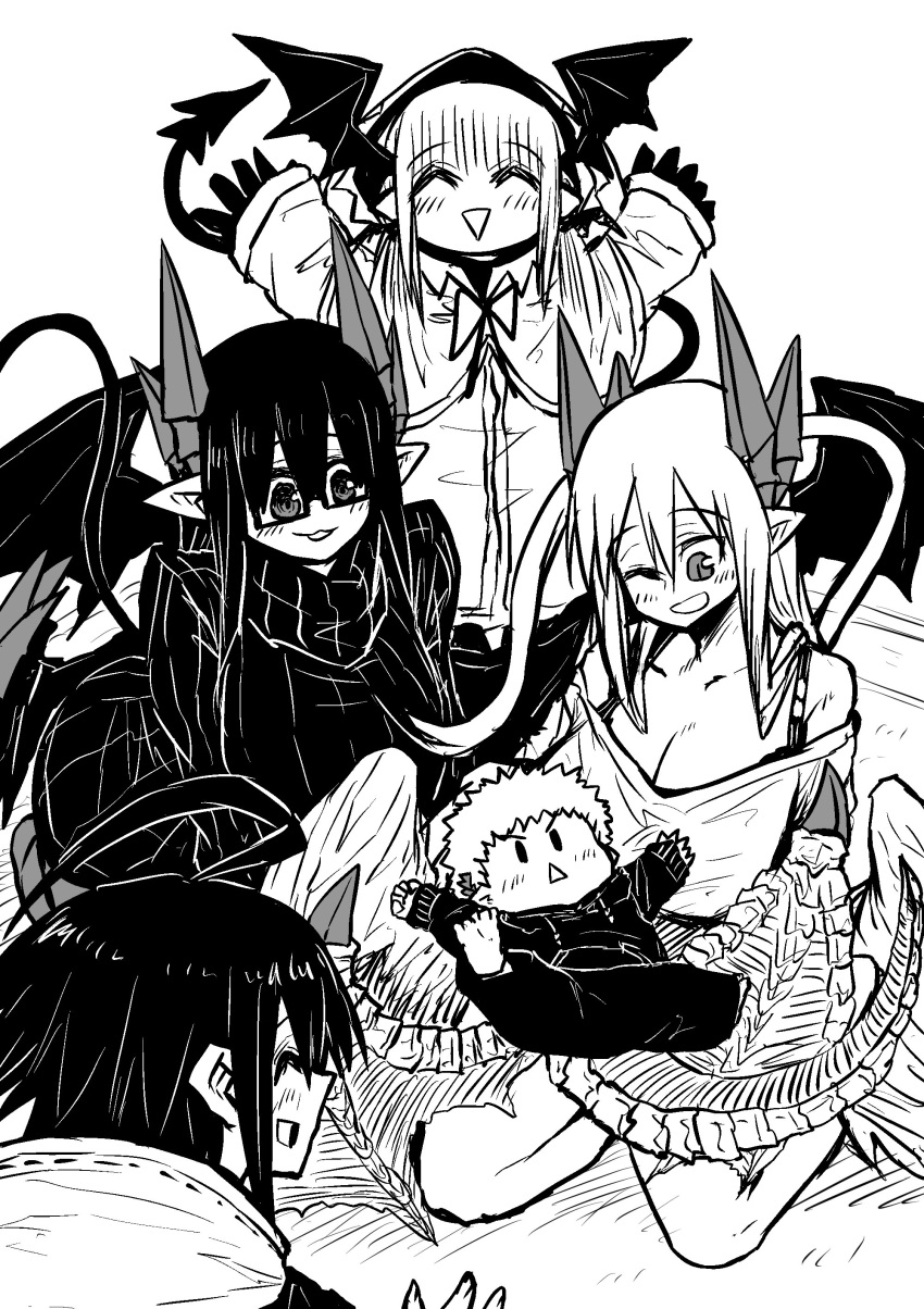 1boy 4girls absurdres bat_wings black_bra black_sweater black_wings bra breasts chiharu_(musuko_ga_kawaikute_shikatanai_mazoku_no_hahaoya) coat demon_girl demon_horns demon_tail demon_wings dress family gospel_(musuko_ga_kawaikute_shikatanai_mazoku_no_hahaoya) happy head_wings highres hood hoodie horns juugoya_(zyugoya) lizette_(musuko_ga_kawaikute_shikatanai_mazoku_no_hahaoya) lorem_(musuko_ga_kawaikute_shikatanai_mazoku_no_hahaoya) merii_(musuko_ga_kawaikute_shikatanai_mazoku_no_hahaoya) monochrome multiple_girls musuko_ga_kawaikute_shikatanai_mazoku_no_hahaoya raincoat ribbed_sweater sweater sweater_dress tail underwear white_wings wings