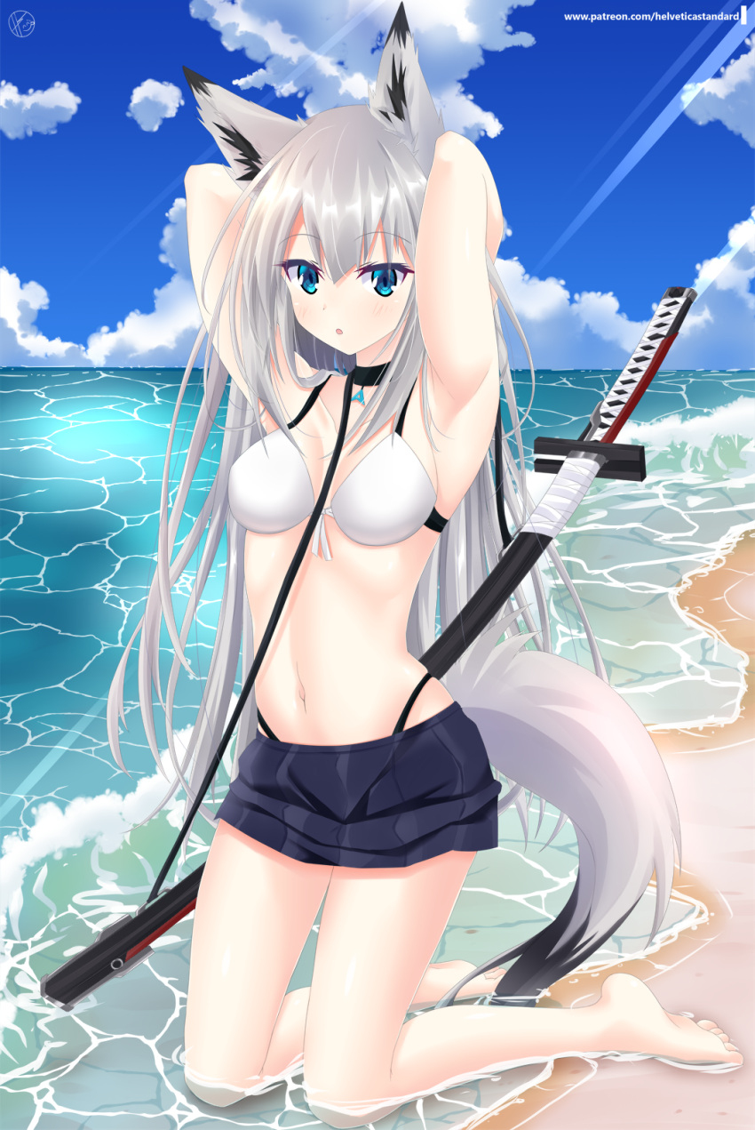 1girl :o animal_ear_fluff animal_ears armpits arms_behind_head azur_lane bare_legs beach bikini blue_eyes blush breasts clouds cloudy_sky collar commentary_request eyebrows_visible_through_hair fox_ears fox_girl fox_tail hair_between_eyes helvetica_5tandard highres katana kawakaze_(azur_lane) kneeling long_hair looking_at_viewer medium_breasts navel ocean patreon_username signature silver_hair sky solo swimsuit sword tail very_long_hair wading weapon white_bikini