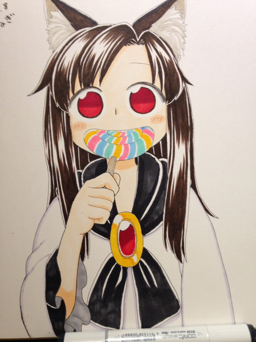 1girl animal_ear_fluff animal_ears bangs black_scarf blush blush_stickers brown_hair candy eating food gem highres holding imaizumi_kagerou lollipop long_hair long_sleeves looking_at_viewer photo poronegi red_eyes scarf smile solo touhou traditional_media wide_sleeves wolf_ears younger