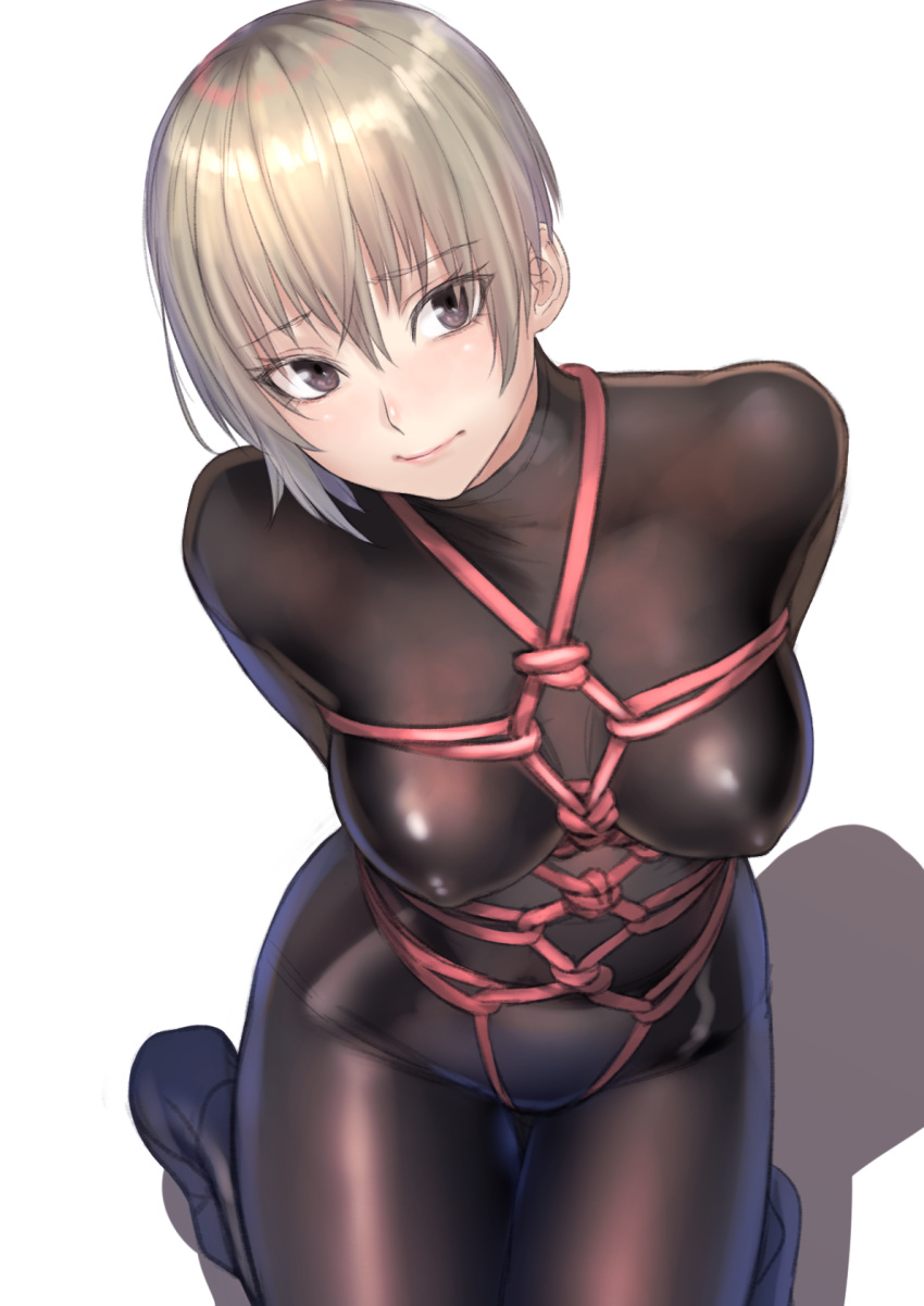 1girl bodysuit bound breasts covered_nipples eyebrows_visible_through_hair grey_eyes grey_hair highres kilye_4421 looking_at_viewer medium_breasts original seiza shadow shibari shibari_over_clothes short_hair simple_background sitting skin_tight solo tied_up white_background