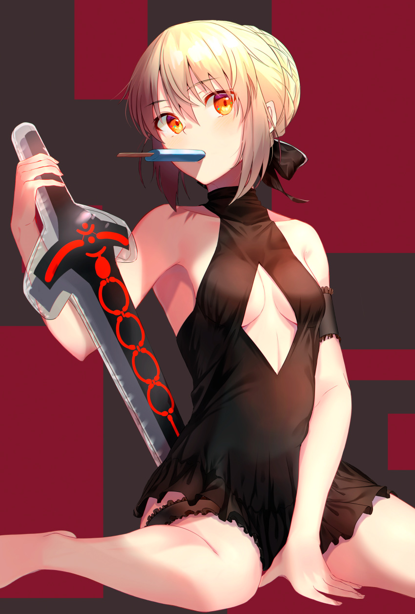 1girl absurdres artoria_pendragon_(all) artoria_pendragon_(swimsuit_rider_alter) bangs bare_shoulders black_ribbon blonde_hair breasts cleavage_cutout commentary_request eyebrows_visible_through_hair fate/grand_order fate_(series) food grey_background hair_between_eyes hair_ribbon highres holding jun_(540000000000000) looking_at_viewer medium_breasts popsicle ribbon simple_background sitting solo swimsuit sword weapon yellow_eyes