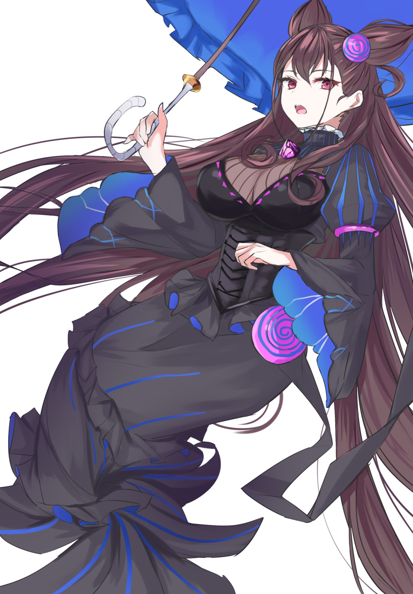 1girl absurdres amethyst_(gemstone) black_dress black_umbrella blue_umbrella breasts calligraphy_brush celite double_bun dress fate/grand_order fate_(series) flower frilled_umbrella gem highres holding holding_umbrella juliet_sleeves large_breasts long_hair long_sleeves murasaki_shikibu_(fate) paintbrush puff_and_slash_sleeves puffy_sleeves red_eyes sleeves_past_wrists two_side_up umbrella very_long_hair wisteria