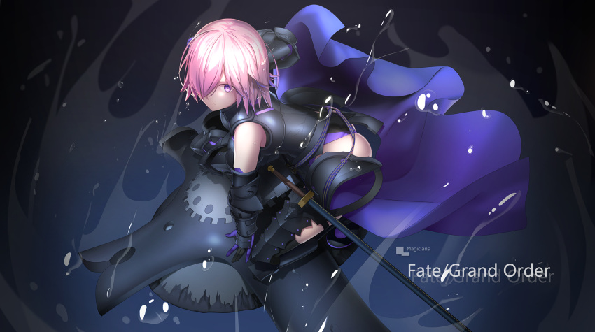 1girl armor armored_dress artist_name ass black_armor black_dress black_leotard breasts cape closed_mouth copyright_name dress fate/grand_order fate_(series) faulds gauntlets greaves hair_over_one_eye highres large_breasts lavender_hair leotard looking_at_viewer magicians_(zhkahogigzkh) mash_kyrielight purple_cape shield short_hair solo sword violet_eyes waist_cape weapon