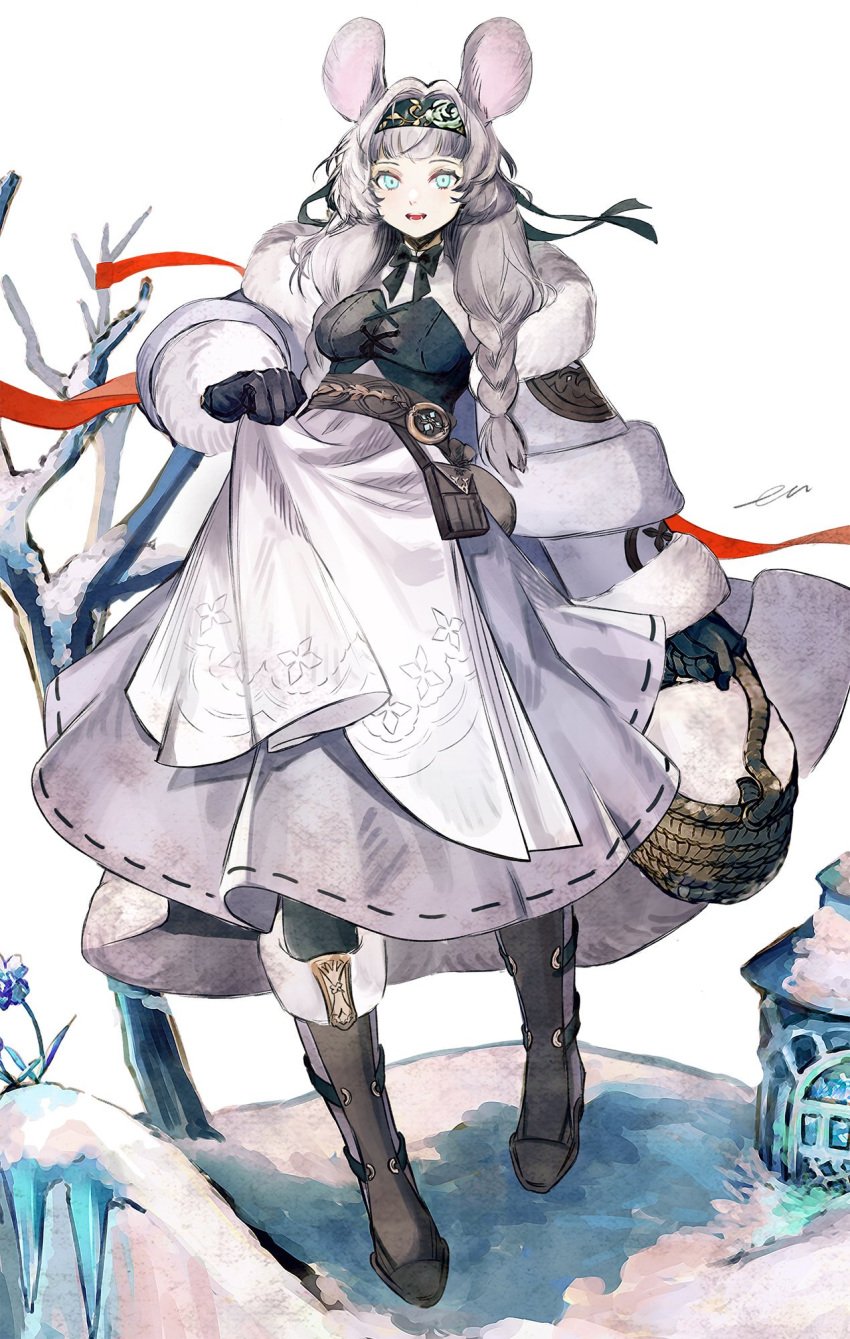 1girl animal_ears black_bow black_gloves blue_eyes blush boots bow braid breasts brown_footwear eyebrows fantasy full_body gloves grey_hair highres long_hair looking_at_viewer medium_breasts mouse_ears open_mouth original shio_(oxstl) smile solo teeth