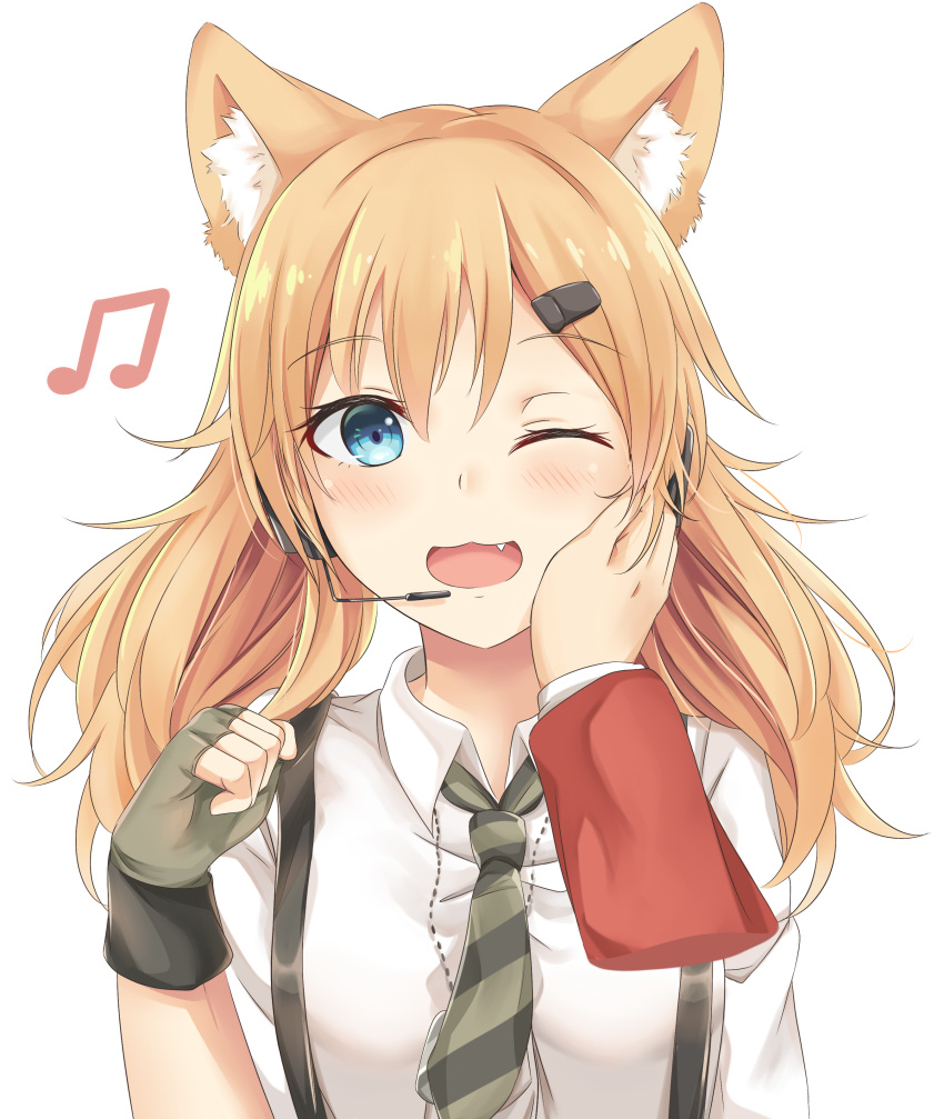 1girl :3 absurdres animal_ears bangs blonde_hair blue_eyes blush buwad cat_ears dog_tags fingerless_gloves girls_frontline gloves hair_ornament hairclip hand_on_another's_cheek hand_on_another's_face highres idw_(girls_frontline) long_hair looking_at_viewer musical_note necktie one_eye_closed open_mouth petting pov smile solo_focus suspenders twintails upper_body