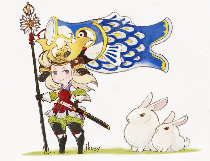 1girl animal armor black_footwear blonde_hair blue_eyes boots bravely_default:_flying_fairy bravely_default_(series) children's_day edea_lee helmet highres ikusy japanese_armor kabuto katana koinobori official_art rabbit smile sword weapon