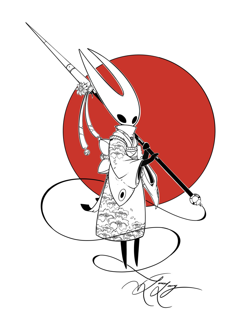 1other absurdres bug flag flag_background flower highres hollow_eyes hollow_knight hornet_(hollow_knight) japanese_clothes japanese_flag kimono lvl225 polearm signature solo spear standing weapon