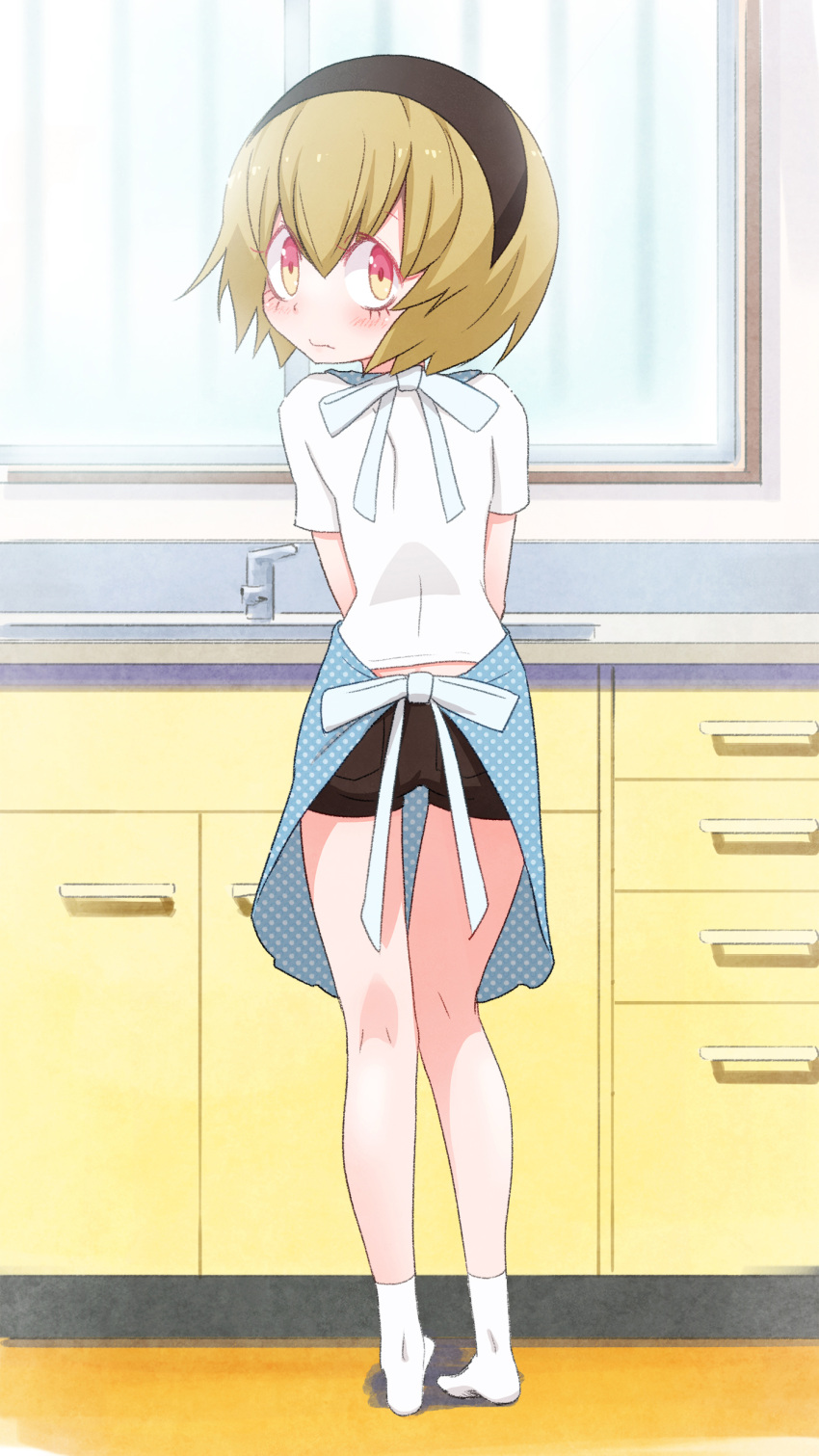 1girl absurdres apron ass black_shorts blonde_hair blush closed_mouth from_behind full_body hair_ornament hairband highres indoors jashin-chan_dropkick looking_at_viewer looking_back pekora_(jashin-chan_dropkick) red_eyes sat-c shiny shiny_hair shirt short_hair shorts sink socks solo standing white_footwear white_shirt window