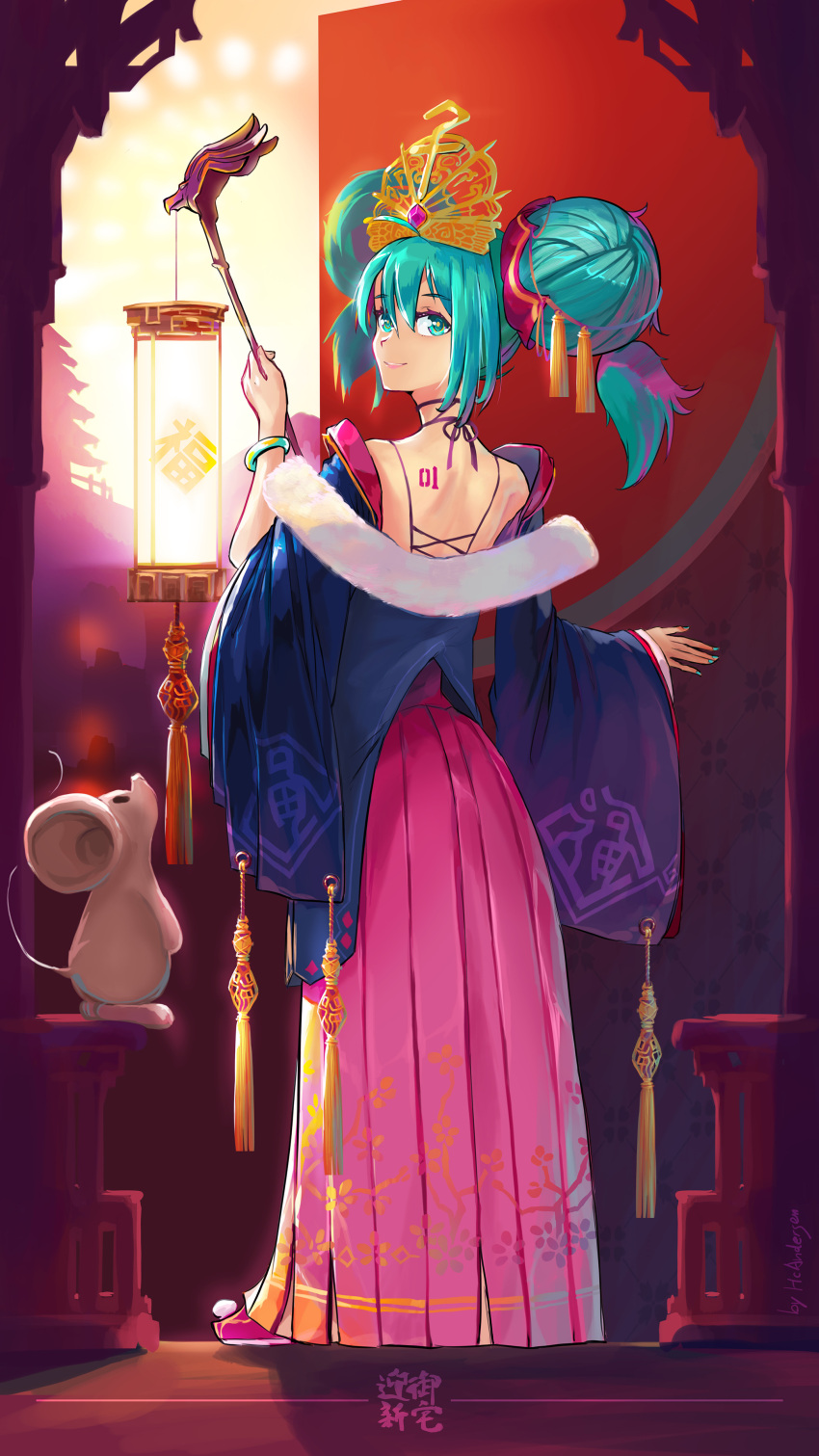 1girl absurdres aqua_eyes blue_hair from_behind full_body grin hair_between_eyes hatsune_miku hatsune_miku_(vocaloid4)_(chinese) hcandersen highres holding long_hair long_skirt long_sleeves looking_at_viewer mouse neck_ribbon pink_skirt print_skirt ribbon shiny shiny_hair shoulder_blades skirt smile solo standing twintails very_long_hair vocaloid wide_sleeves