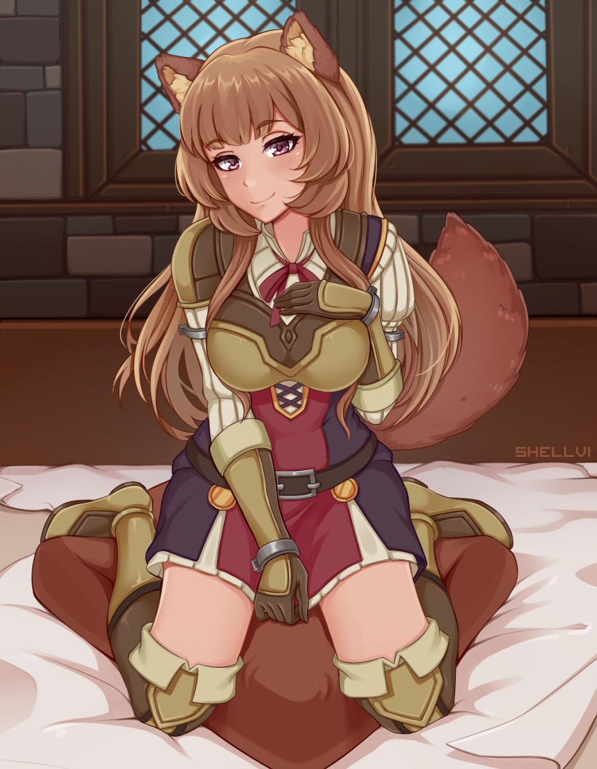 1girl absurdres animal_ear_fluff animal_ears artist_name bangs blush boots breasts brown_footwear brown_hair brown_legwear commentary eyebrows_visible_through_hair highres kneeling long_hair long_sleeves looking_at_viewer raccoon_ears raccoon_girl raccoon_tail raphtalia red_eyes shellvi smile solo tail tate_no_yuusha_no_nariagari thigh-highs