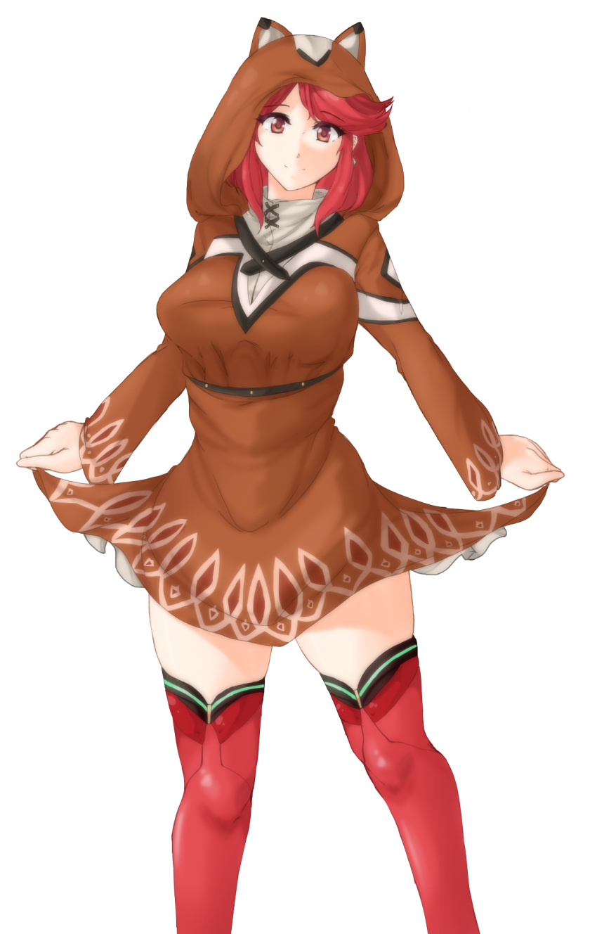 1girl animal_ears breasts closed_mouth collar curvy dress eyebrows_visible_through_hair facing_viewer highres holding_skirt pyra_(xenoblade) hood hoodie jacket large_breasts looking_at_viewer raccoon_costume raccoon_ears raccoon_hood red_eyes redhead short_hair smile solo thigh-highs thighs transparent_background tridisart xenoblade_(series) xenoblade_2