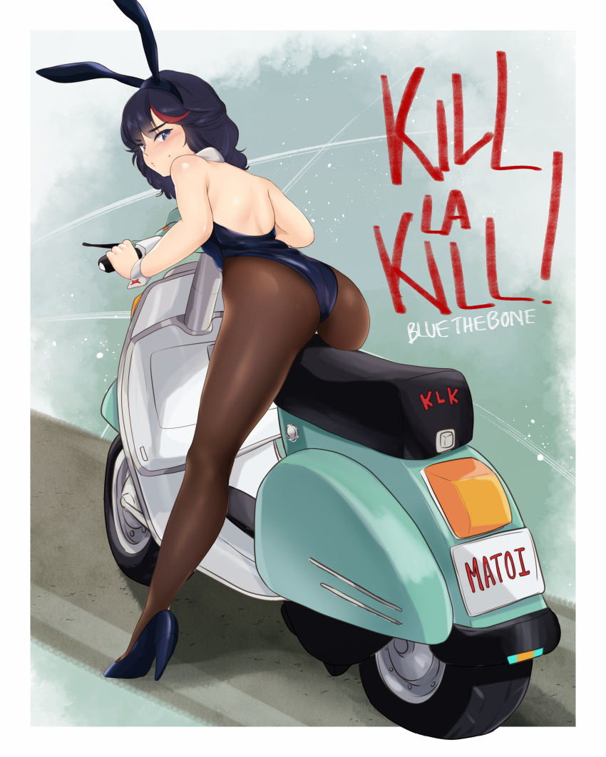 1girl :d absurdres animal_ears artist_name ass bare_arms bare_back bare_shoulders black_footwear black_hair blue_eyes bluethebone blush brown_legwear bunny_girl bunnysuit character_name commentary copyright_name detached_collar english_commentary eyebrows_visible_through_hair eyes_visible_through_hair flat_tire full_body ground_vehicle high_heels highlights highres kill_la_kill leaning_forward legs looking_at_viewer looking_back matoi_ryuuko medium_hair motor_vehicle motorcycle multicolored_hair open_mouth pantyhose rabbit_ears redhead shoes smile solo streaked_hair two-tone_hair wrist_cuffs