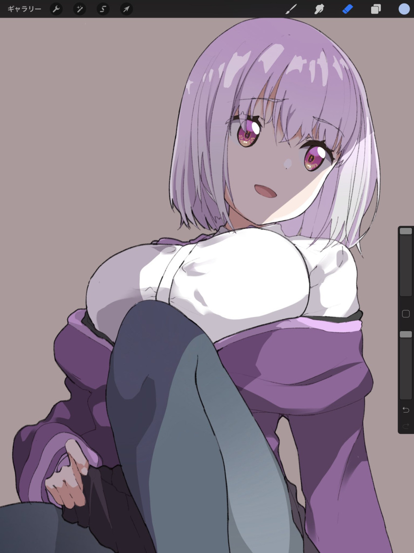 1girl bangs blush bow breasts collared_shirt grey_background grey_legwear highres jacket knee_up large_breasts lavender_hair long_sleeves looking_to_the_side misekai_555 off_shoulder open_mouth purple_bow purple_jacket purple_neckwear purple_skirt shinjou_akane shirt short_hair simple_background sitting skirt smile solo ssss.gridman thighs white_shirt