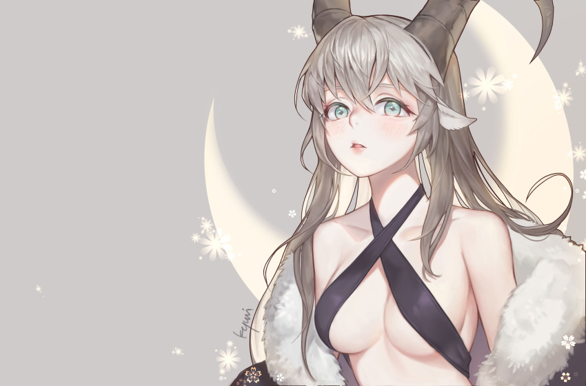1girl animal_ears bangs bare_shoulders blush breasts collarbone commentary_request crescent criss-cross_halter goat_ears goat_horns grey_background grey_eyes hair_between_eyes halterneck highres long_hair looking_at_viewer medium_breasts mokomaru original parted_lips sidelocks signature silver_hair simple_background solo upper_body
