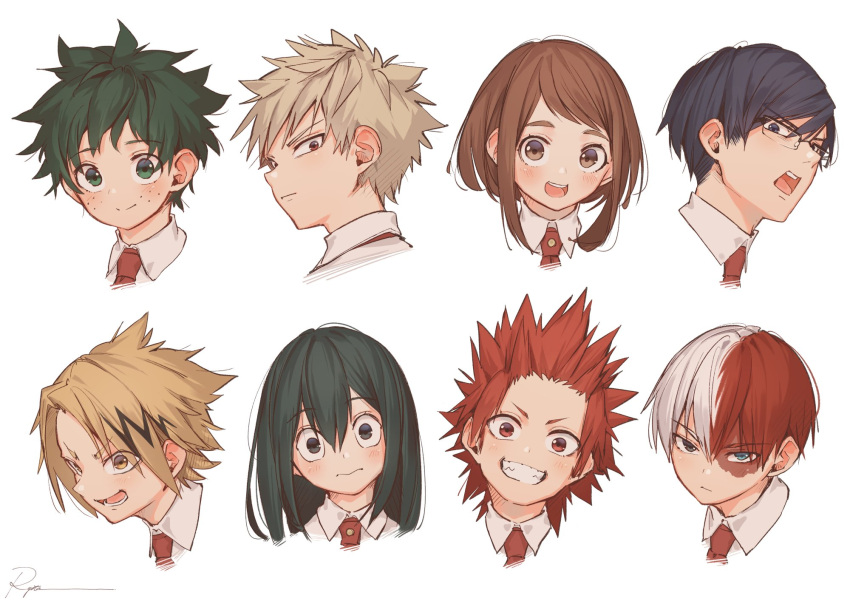 2girls 6+boys :d asui_tsuyu bakugou_katsuki bangs blonde_hair blue_eyes blue_hair boku_no_hero_academia brown_eyes brown_hair burn_scar collared_shirt facial_scar freckles glasses green_eyes green_hair heterochromia highres iida_tenya kaminari_denki kirishima_eijirou long_hair looking_at_viewer looking_back looking_to_the_side midoriya_izuku multicolored_hair multiple_boys multiple_girls open_mouth rectangular_eyewear red_eyes redhead ryota_(ry_o_ta) scar sharp_teeth shirt sidelocks smile spiky_hair streaked_hair teeth todoroki_shouto two-tone_hair upper_body uraraka_ochako white_background white_shirt yellow_eyes