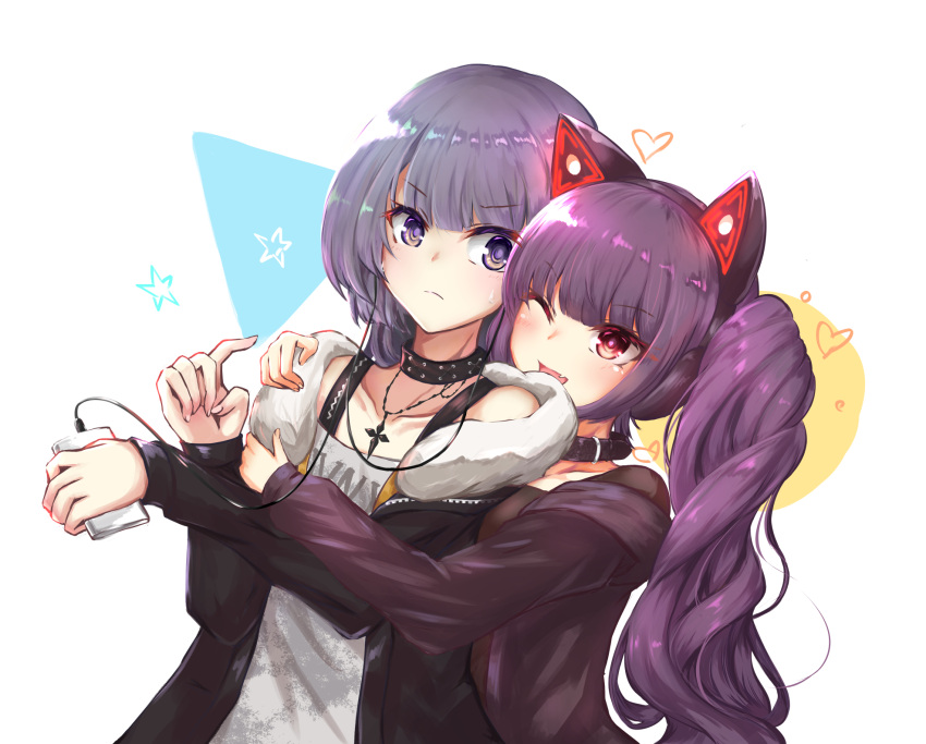 2girls ;d animal_ears bangs bare_shoulders black_choker black_jacket black_shirt brown_jacket cat_ear_headphones cat_ears cellphone choker closed_mouth clothes_writing collarbone commentary_request earphones earphones eyebrows_visible_through_hair fake_animal_ears fang fur-trimmed_jacket fur_trim glowing habu_rin headphones heart highres holding holding_cellphone holding_phone hug hug_from_behind jacket jewelry long_hair long_sleeves multiple_girls off-shoulder_shirt off_shoulder one_eye_closed open_clothes open_jacket open_mouth original pendant phone purple_hair red_eyes shirt side_ponytail sleeves_past_wrists smile star v-shaped_eyebrows very_long_hair violet_eyes white_background white_shirt yuri