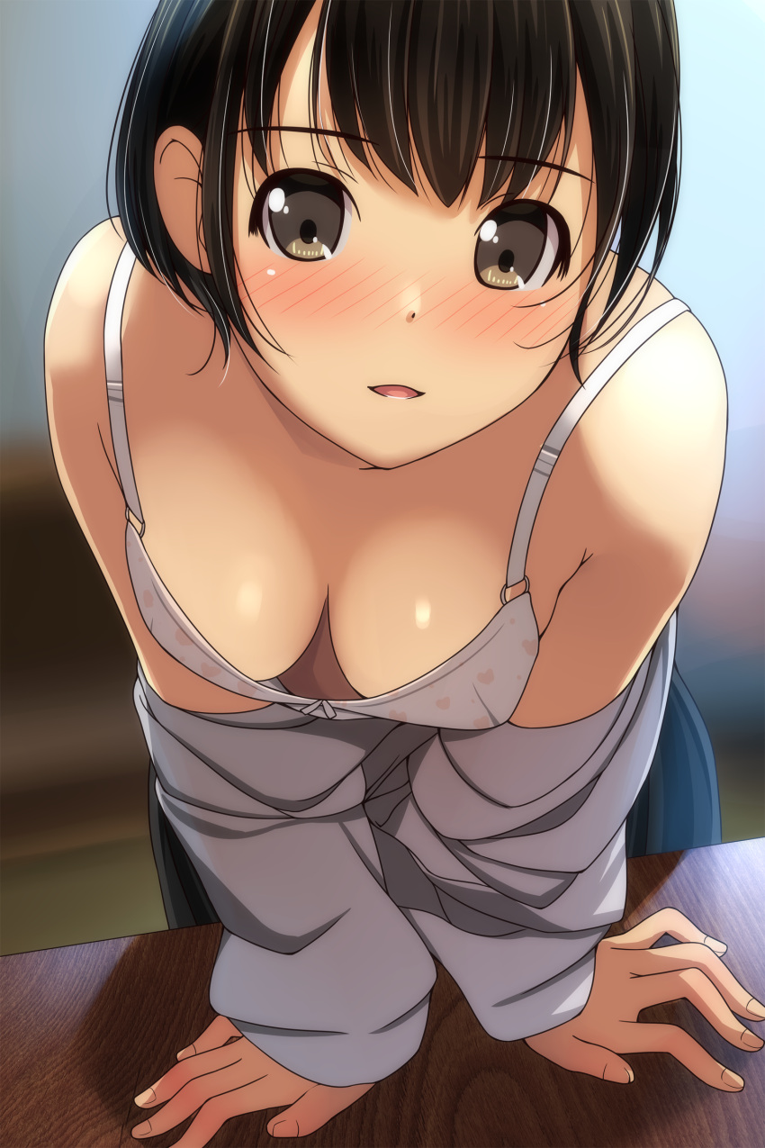 1girl absurdres bangs bare_shoulders black_hair blurry blurry_background blush bra breasts breasts_apart brown_eyes depth_of_field eyebrows_visible_through_hair heart heart_print highres indoors leaning_forward long_sleeves matsunaga_kouyou medium_breasts nose_blush off_shoulder original parted_lips print_bra shirt sleeves_past_wrists solo table underwear white_bra white_shirt