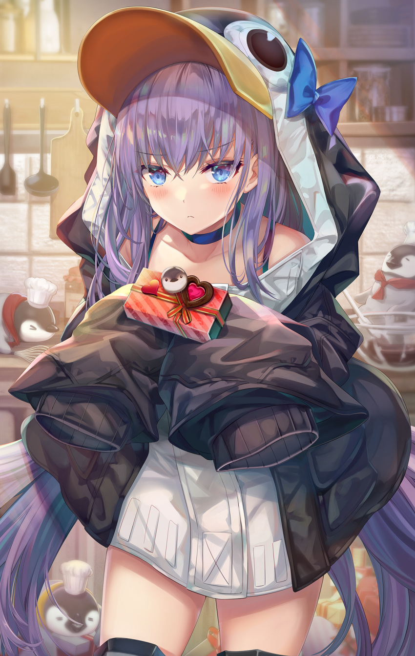 1girl animal_hood bangs bare_shoulders bird black_jacket blue_bow blue_choker blue_eyes blush bow box breasts chef_hat chocolate choker closed_mouth collarbone commentary_request fate/grand_order fate_(series) gift gift_box hat highres hood hood_up jacket long_hair long_sleeves looking_at_viewer meltryllis meltryllis_(swimsuit_lancer)_(fate) mixing_bowl penguin penguin_hood purple_hair red_neckwear scarf sleeves_past_fingers sleeves_past_wrists small_breasts solo thighs torino_akua very_long_hair whisk