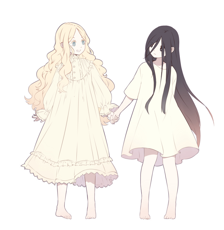 2girls :| ai-wa arms_at_sides bangs barefoot black_eyes black_hair blonde_hair blue_eyes bright_pupils closed_mouth colored_eyelashes dress expressionless eye_contact eyebrows_visible_through_hair floating_hair frilled_sleeves frills full_body gradient_hair grin hair_between_eyes highres holding_hands knees_together_feet_apart legs_apart long_hair long_sleeves looking_at_another multicolored_hair multiple_girls nightgown original parted_bangs pigeon-toed puffy_sleeves short_sleeves simple_background smile standing straight_hair tareme turtleneck very_long_hair wavy_hair white_background white_dress white_frills white_pupils