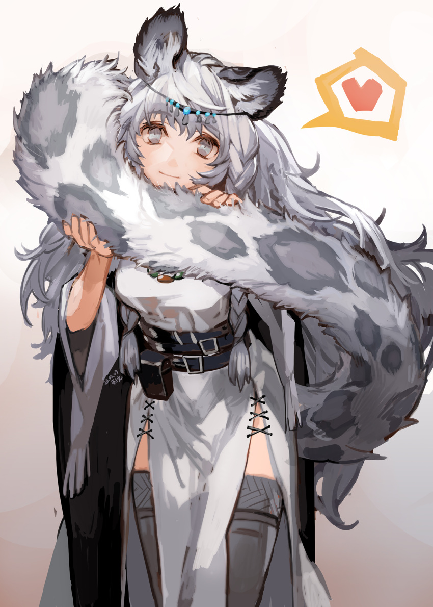 1girl animal_ears animal_print arknights commentary_request cowboy_shot gradient gradient_background grey_background grey_eyes grey_hair grey_legwear heart highres holding_own_tail leopard_ears leopard_print leopard_tail light_smile looking_at_viewer pramanix_(arknights) solo spoken_heart tail thigh-highs toujou_bun