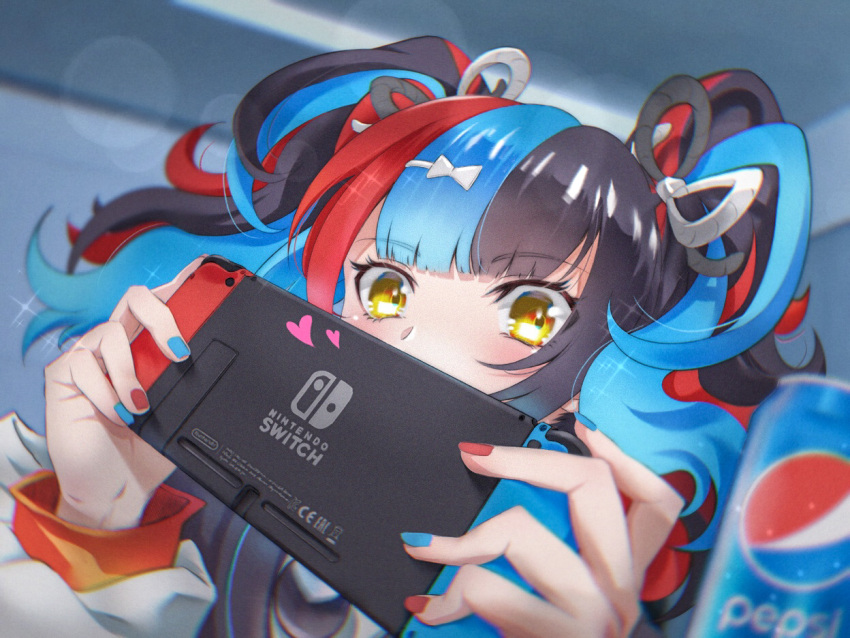 1girl can color_connection fate/grand_order fate_(series) hair_ornament hairclip heart hidden_mouth luode multicolored_hair nail_polish nintendo_switch pepsi playing_games sei_shounagon_(fate) twintails yellow_eyes