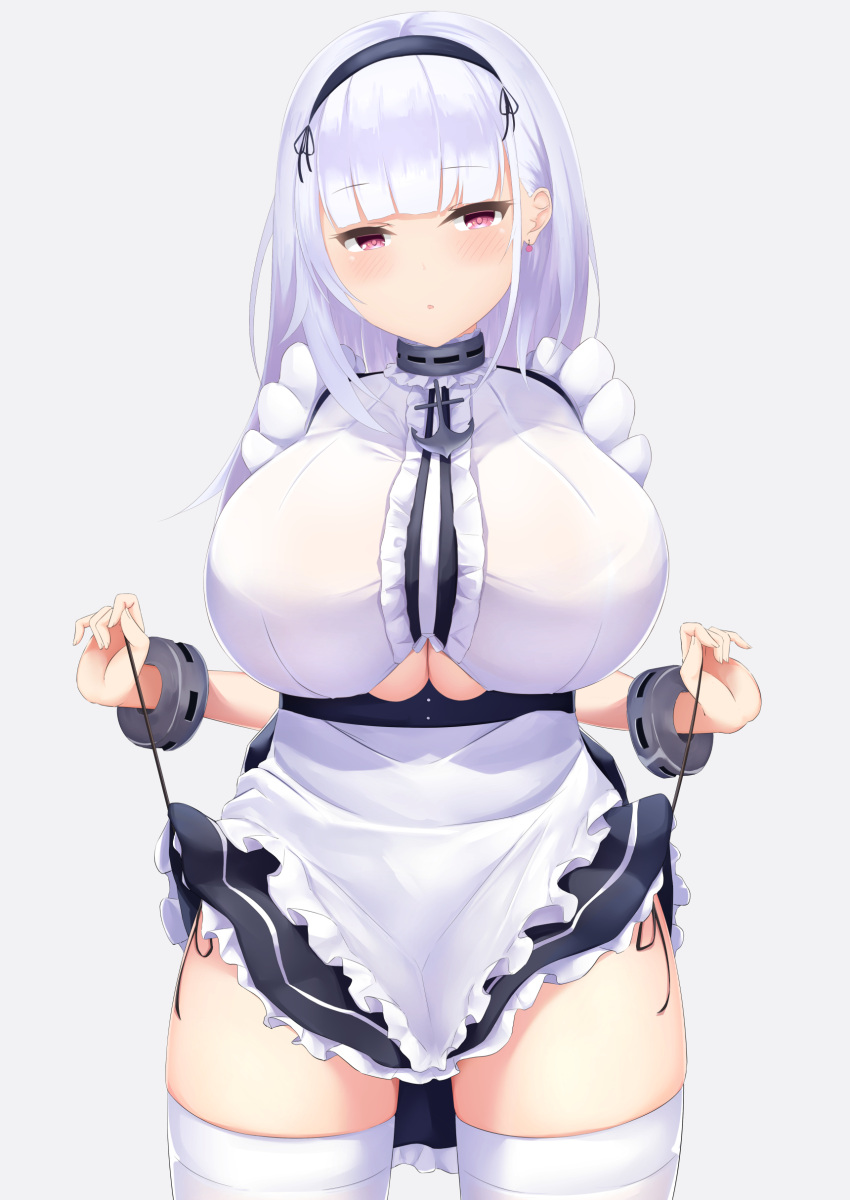 1girl :o absurdres anchor_choker anchor_necklace apron arm_up azur_lane bangs black_hairband black_panties black_skirt blunt_bangs breasts center_frills choker commentary_request cowboy_shot dido_(azur_lane) earrings eyebrows_visible_through_hair frilled_apron frilled_choker frilled_skirt frills hairband highres jewelry kanade_pa lace-trimmed_hairband large_breasts lifted_by_self long_hair maid_apron panties parted_lips pulled_by_self revision shirt side-tie_panties silver_hair simple_background skirt skirt_lift sleeveless sleeveless_shirt solo strap_pull thigh-highs under_boob underboob_cutout underwear violet_eyes waist_apron white_apron white_background white_legwear white_shirt