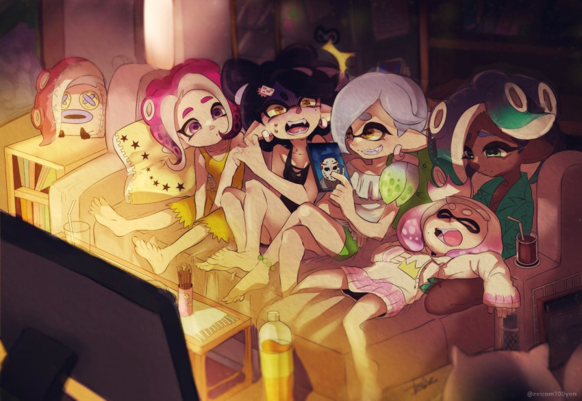 5girls anklet aori_(splatoon) aqua_eyes aqua_hair barefoot bed black_hair blurry blurry_background bottle bunk_bed closed_eyes commentary_request couch crossed_legs cup dark_background drink drinking_straw dvd_(object) fangs flat_screen_tv food gradient_hair green_hair hime_(splatoon) horror_(expression) hotaru_(splatoon) iida_(splatoon) isamu-ki_(yuuki) jewelry light lying multicolored_hair multiple_girls night octoling on_back open_mouth pajamas pillow pink_hair pocky pointy_ears scared screen_light silver_hair sitting sleeping sleepover smile snoring splatoon_(series) splatoon_2 stuffed_toy television tentacle_hair turn_pale violet_eyes white_hair yellow_eyes