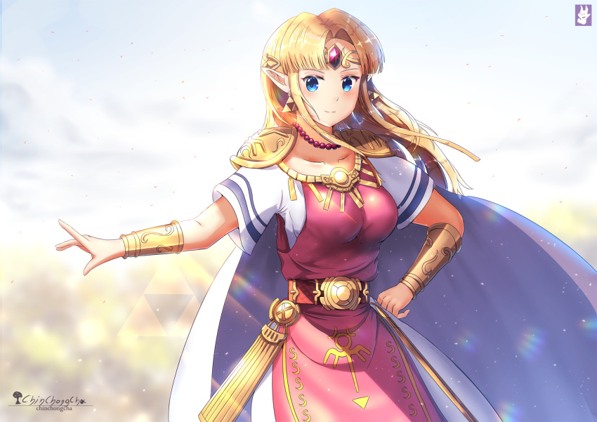 1girl artist_name bad_anatomy bangs blue_eyes blush bracer breasts cape chinchongcha circlet day dress earrings gem hair_ornament hand_on_hip highres jewelry long_hair looking_at_viewer medium_breasts necklace parted_bangs pointy_ears princess_zelda sidelocks simple_background solo standing the_legend_of_zelda triforce watermark white_cape