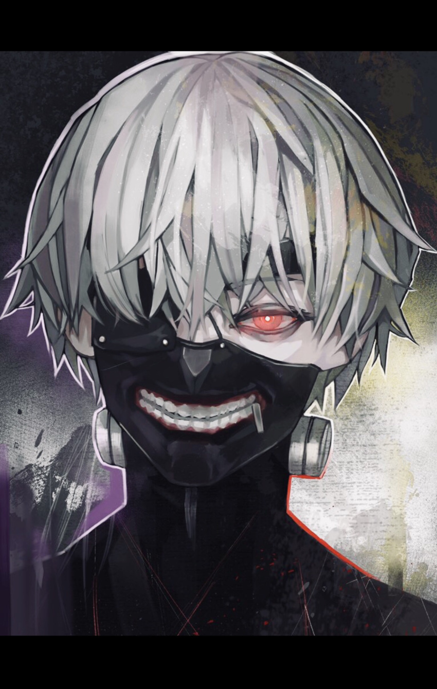 1boy bangs black_eyepatch brown_background eyepatch gradient gradient_background grey_hair highres kaneki_ken looking_at_viewer male_focus mask mouth_mask portrait red_eyes short_hair solo stfr_(stfr_kaz) teeth_print tokyo_ghoul zipper