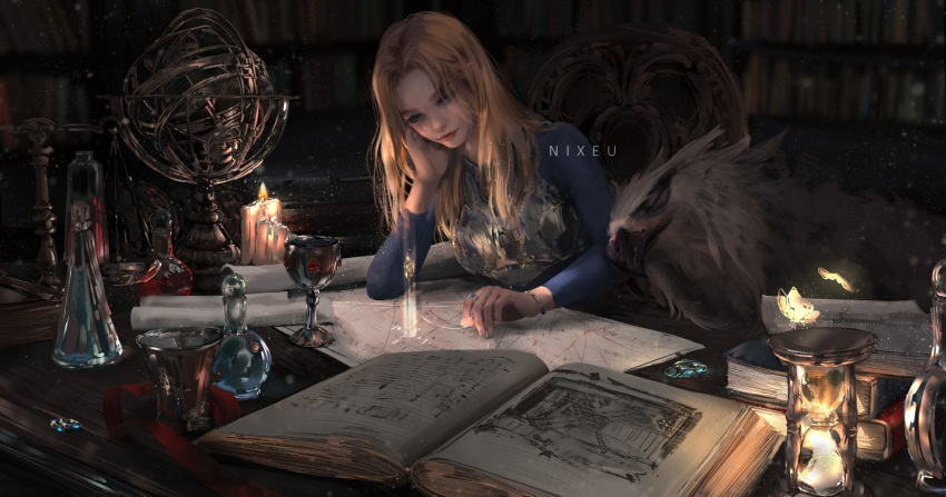 1girl armor bird blonde_hair book bookshelf bug butterfly candle chalice globe hourglass insect league_of_legends luxanna_crownguard nixeu table