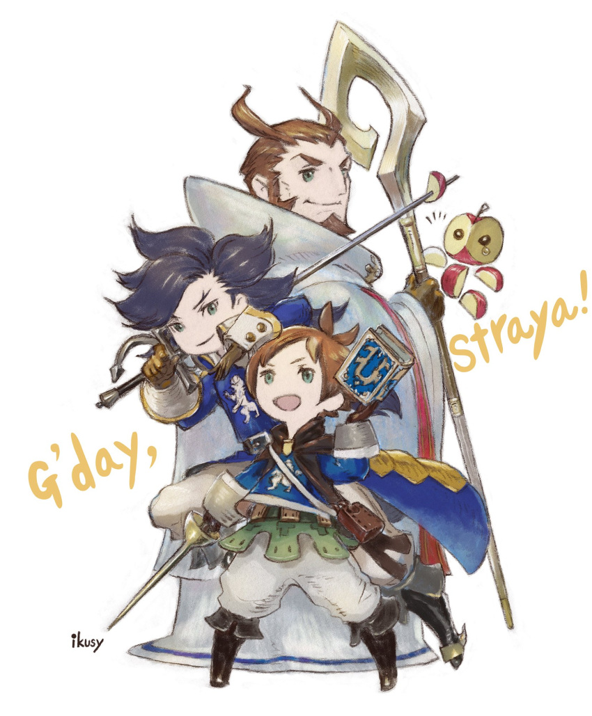 3boys bag black_hair black_legwear book boots bravely_default_(series) bravely_second:_end_layer brown_footwear brown_gloves brown_hair cassock gloves highres ikusy janne_angard multiple_boys musketeer nikolai_nikolanikov official_art open_mouth pants rapier robe shoulder_bag sleeve_cuffs smile square_enix staff sword weapon white_pants yew_geneolgia