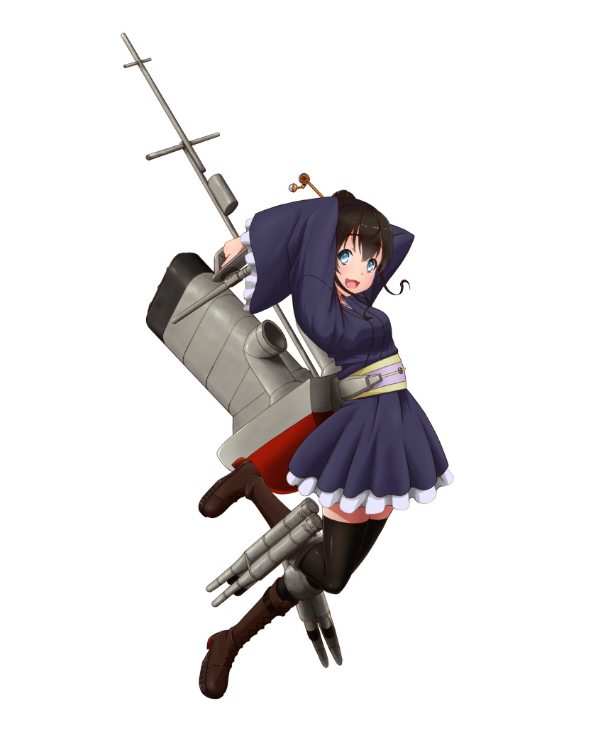 1girl adapted_turret black_legwear blue_kimono boots brown_footwear commentary_request destroyer full_body highres holding holding_weapon japanese_clothes juoto kimono machinery mecha_musume military military_vehicle obi original personification sash ship simple_background smokestack solo thigh-highs thigh_strap torpedo torpedo_tubes umikaze_(destroyer)_(1910) warship watercraft weapon white_background world_of_warships