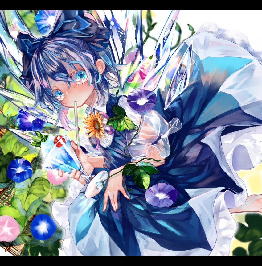 1girl blue_dress blue_eyes blue_hair blue_ribbon bow cirno cup dress drinking drinking_straw fairy_wings flower frozen glass hair_bow highres holding holding_cup holding_drinking_straw hydrangea ice ice_wings leaf looking_at_viewer mint pinafore_dress pink_neckwear pink_ribbon puffy_short_sleeves puffy_sleeves ribbon ribbon-trimmed_sleeves ribbon_trim see-through see-through_sleeves short_hair short_sleeves sunflower touhou transparent transparent_wings wings zhu_xiang