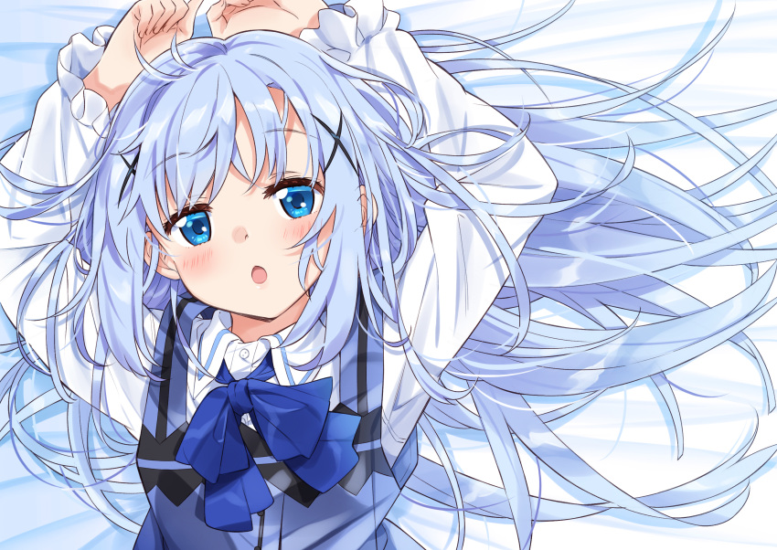 1girl arms_up bangs blue_bow blue_eyes blue_hair blue_vest blush bow collared_shirt commentary_request dress_shirt eyebrows_visible_through_hair gochuumon_wa_usagi_desu_ka? hair_ornament hair_spread_out highres kafuu_chino long_hair long_sleeves looking_at_viewer lying mousou_(mousou_temporary) on_back open_mouth rabbit_house_uniform shirt solo uniform upper_body vest waitress white_shirt x_hair_ornament