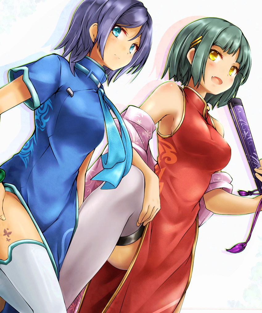 2girls akino_coto bangs blue_eyes breasts china_dress chinese_clothes dress dutch_angle eyebrows_visible_through_hair fan green_hair hair_ornament hairclip highres looking_at_viewer medium_breasts multiple_girls original purple_hair short_hair short_sleeves sleeveless thigh-highs vietnamese_dress white_legwear yellow_eyes