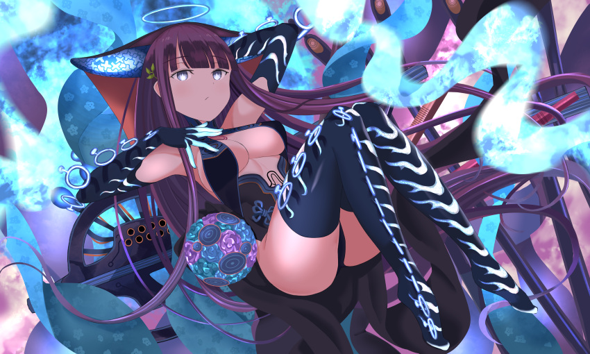 1girl absurdres arms_behind_head ass bangs bare_shoulders black_dress black_gloves black_headwear black_legwear blue_eyes blunt_bangs blush breasts center_opening closed_mouth dress elbow_gloves fate/grand_order fate_(series) floral_print flute gloves hair_ornament halo hand_on_own_chest highres huge_filesize instrument large_breasts leaf_hair_ornament legs long_hair looking_at_viewer pipa_(instrument) purple_background purple_hair sash solo thigh-highs thighs tnr_(horiko1525) very_long_hair yang_guifei_(fate/grand_order)