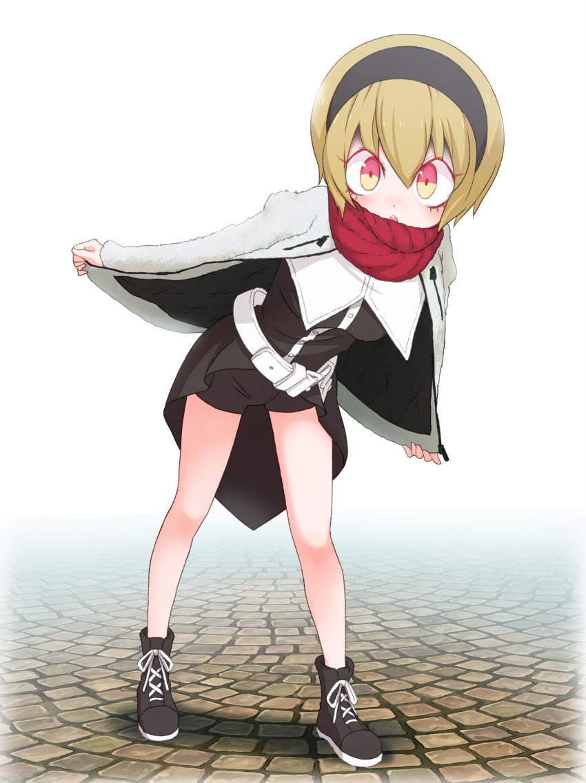 1girl absurdres black_footwear black_shorts blonde_hair blush breasts coat full_body hair_ornament hairband highres jashin-chan_dropkick looking_at_viewer open_mouth outdoors pekora_(jashin-chan_dropkick) red_eyes sat-c scarf shadow shiny shiny_hair short_hair shorts simple_background small_breasts solo standing teeth upper_teeth white_background white_coat
