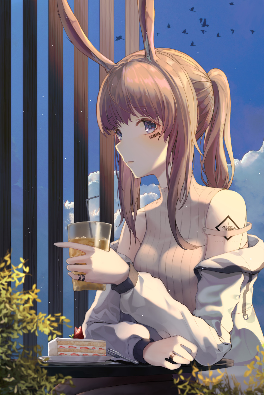 1girl absurdres amiya_(arknights) animal_ears arknights bangs barcode_tattoo bare_shoulders bird blue_eyes blue_sky brown_hair cake closed_mouth clouds cup drinking_straw english_commentary eyebrows_visible_through_hair food highres holding holding_cup ita_(itta) jacket jacket_removed jewelry light_particles long_hair ponytail rabbit_ears ring sky sleeveless sleeveless_sweater solo tattoo upper_body wedding_band white_jacket